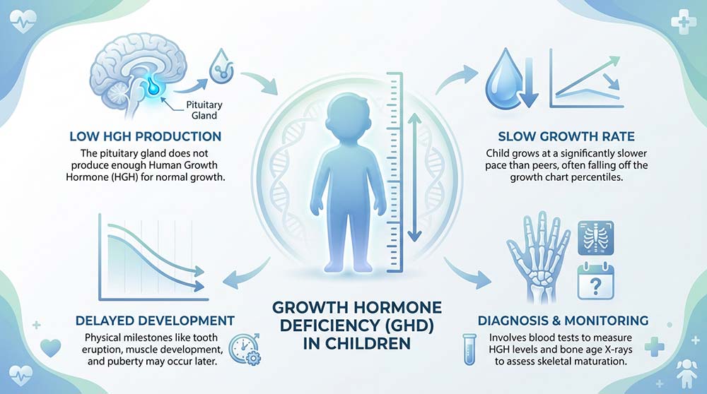Growth hormone deficiency infographic showing symptoms causes diagnosis in children