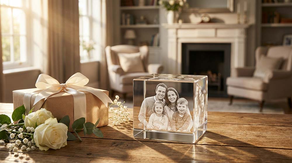 Personalised 3D photo crystal cube gift on luxury home table