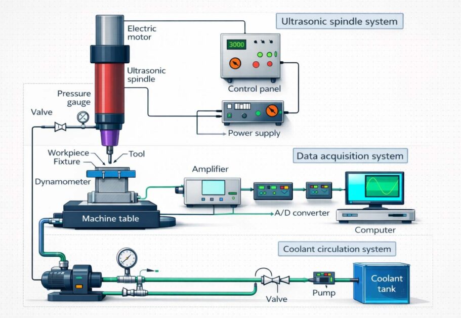 Ultrasonic spindle machining setup with coolant and data acquisition system