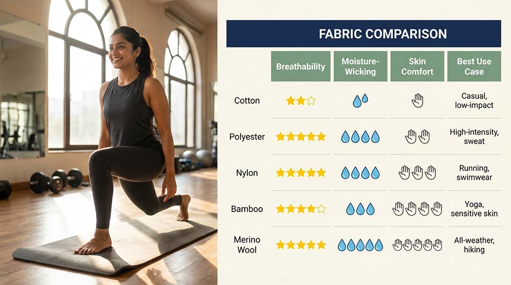 Activewear fabric comparison showing breathability moisture wicking performance for workouts