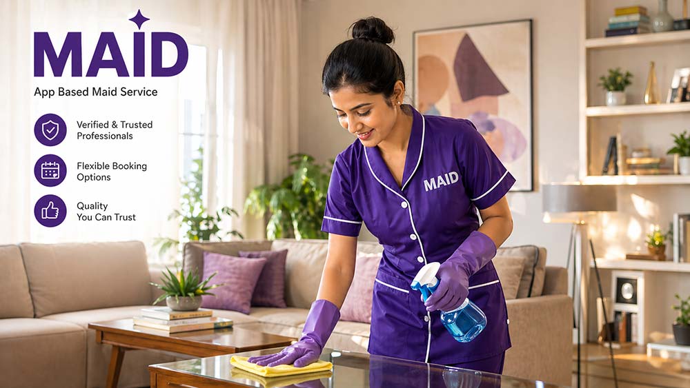 App based maid services India verified worker cleaning modern home
