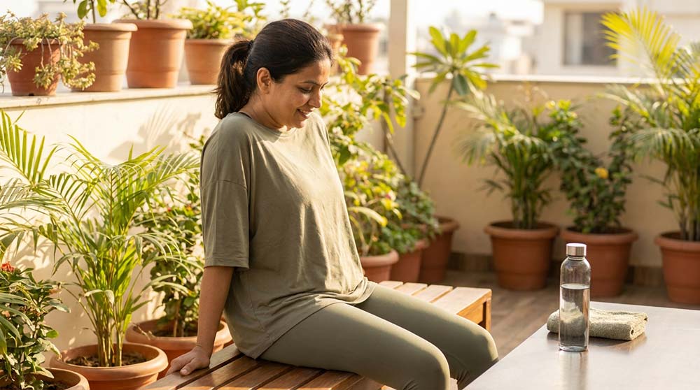 Indian woman relaxing in breathable activewear after home workout session
