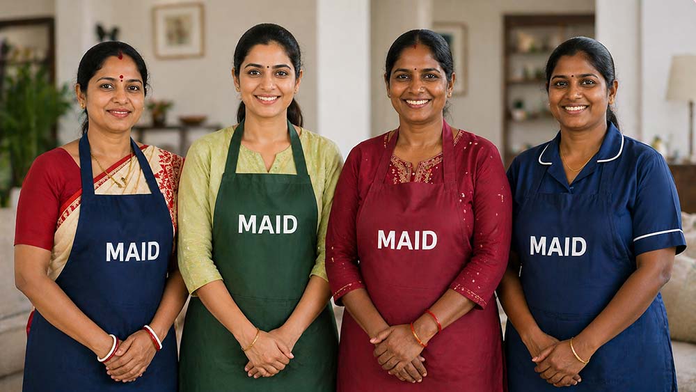 App based maid services India diverse workers uniform smiling team