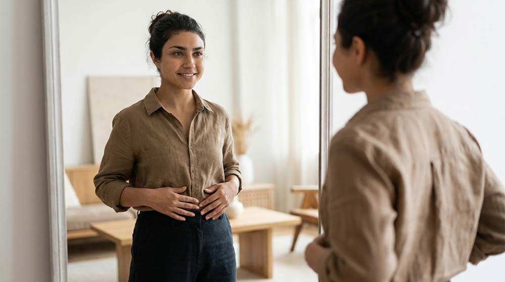 Woman checking waist reflecting on obesity treatment and weight loss