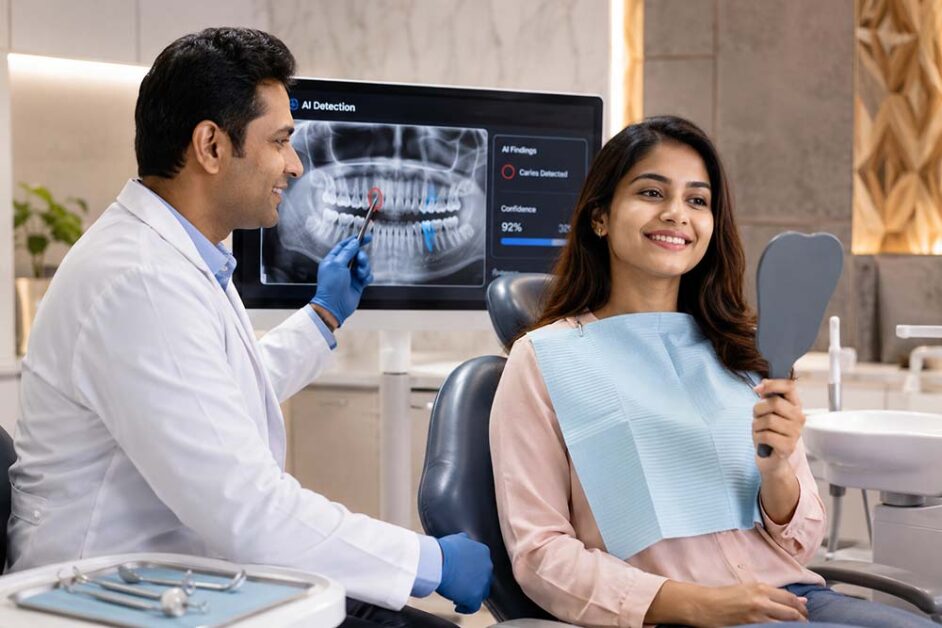 Dentist using dental AI during cosmetic dentistry patient consultation