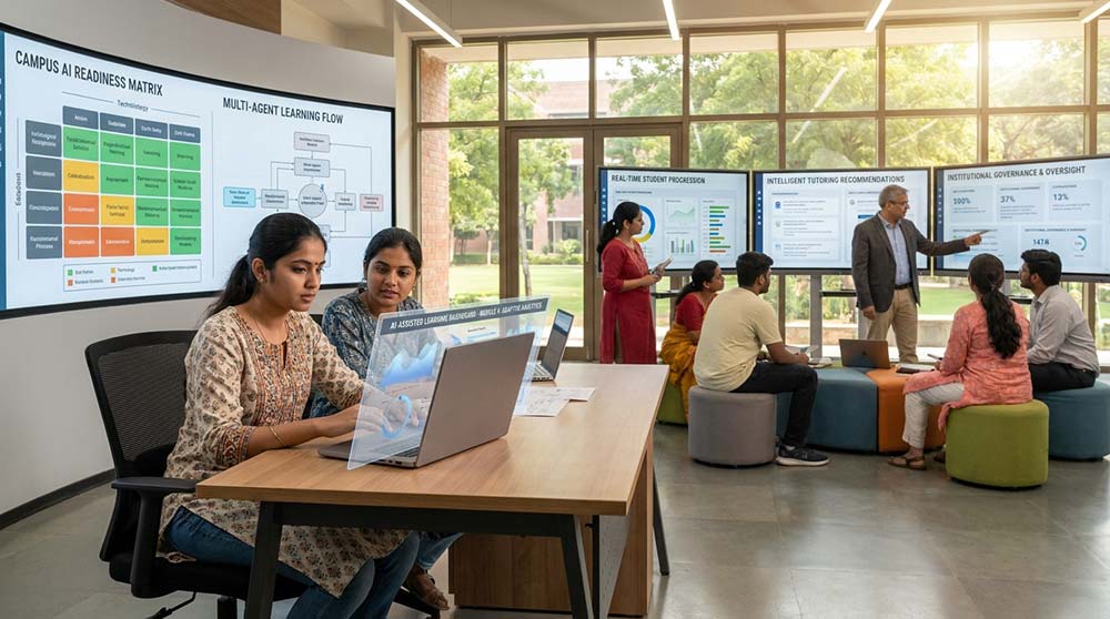 Indian university students using AI-powered classroom systems with faculty oversight