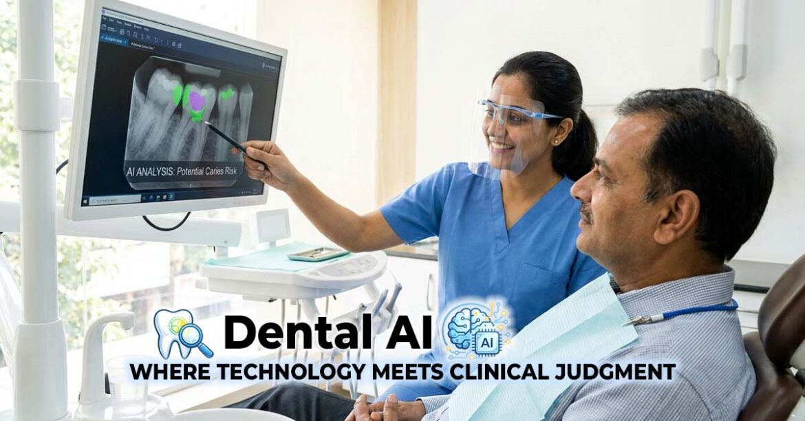 Dental AI helping dentist review diagnosis with patient in clinic