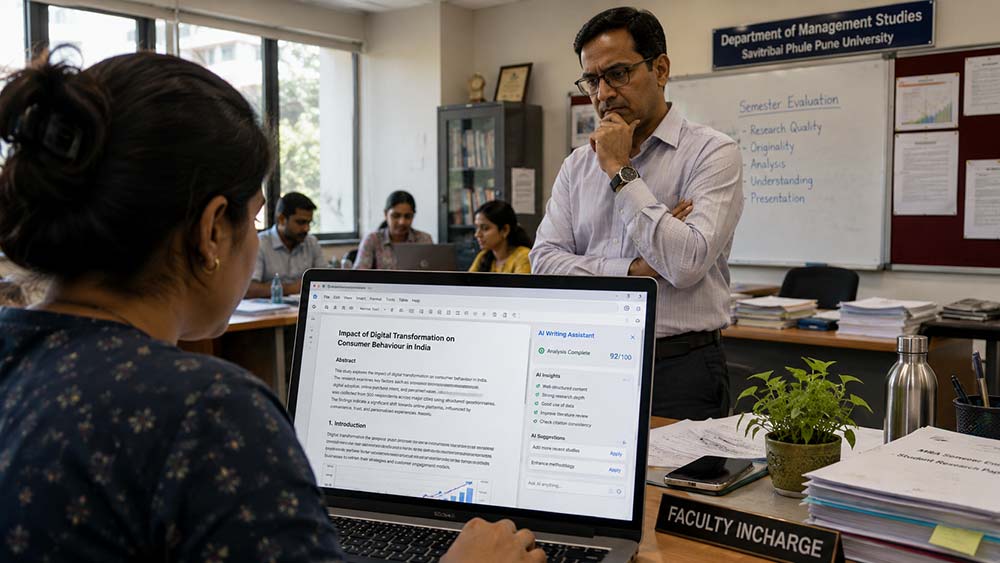 Professor reviewing AI-assisted student assignment during university evaluation process