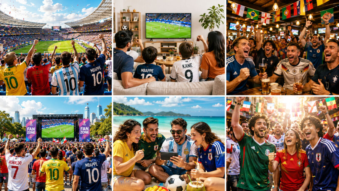 Football fans worldwide watching World Cup matches together in stadiums, homes, fan zones, beaches, and sports bars.
