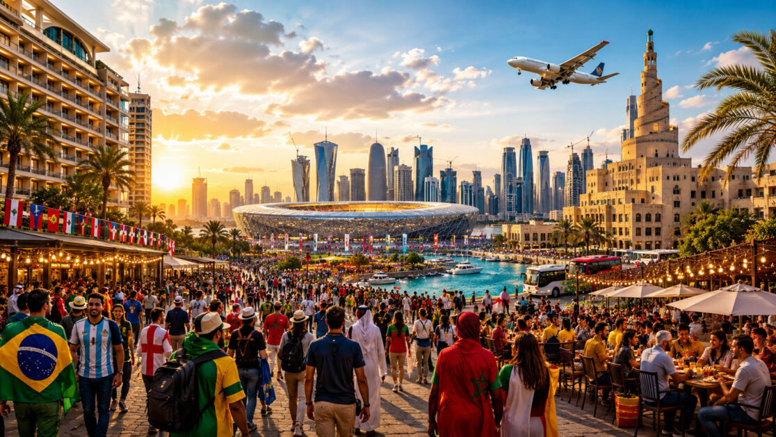 World Cup tourism impact showing international fans, hotels, airports, and host city economic activity