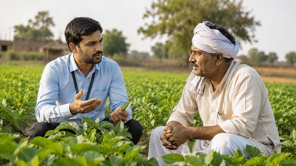 Agricultural expert discussing fertilizer choices and crop nutrition with Indian farmer