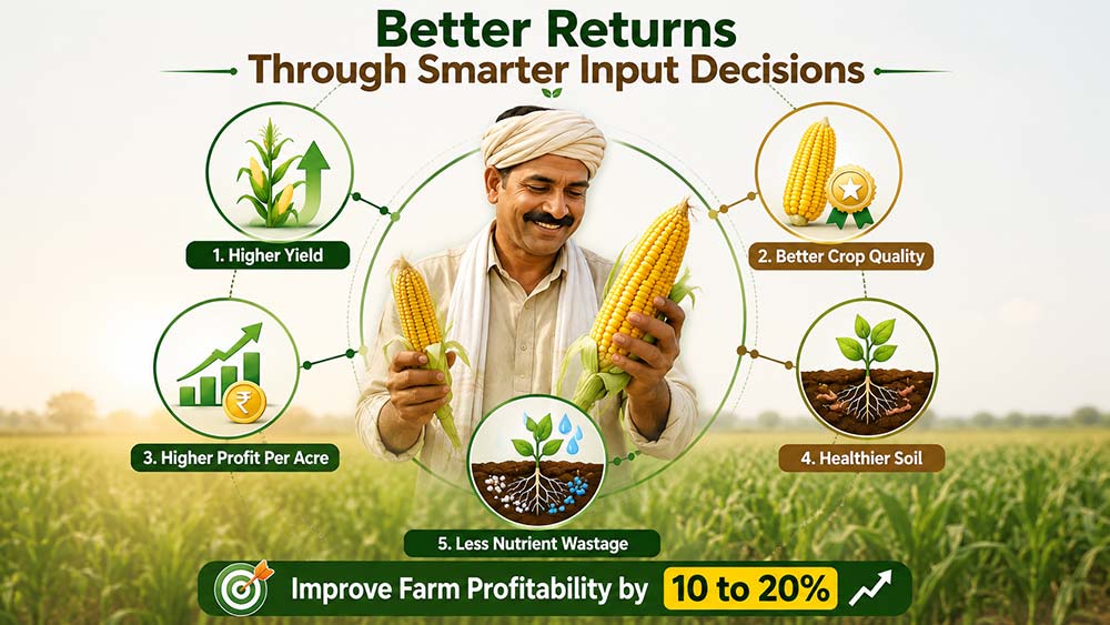 Indian maize farmer showing benefits of customized fertilizer blends and higher profitability