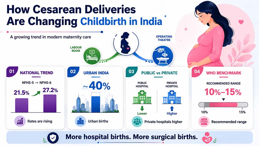 Infographic showing rising cesarean deliveries across India and urban hospitals