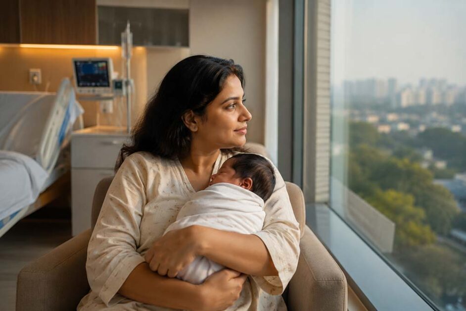 Modern Indian mother holding newborn in premium hospital room