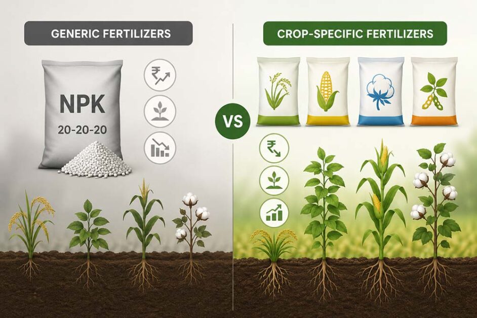 Comparison showing generic and crop-specific fertilizers across different Indian crops