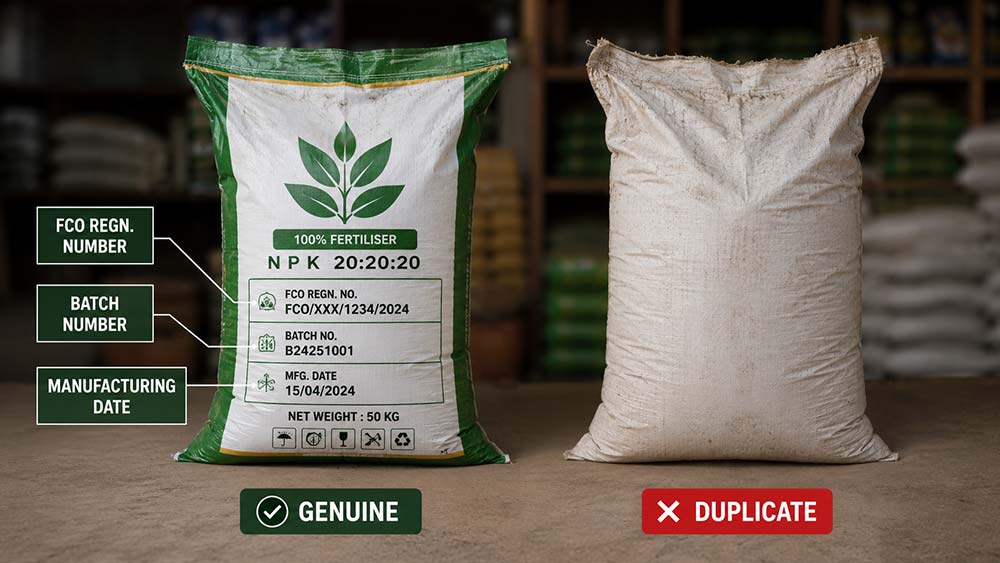 Genuine and duplicate fertilizer bags showing certification and traceability differences