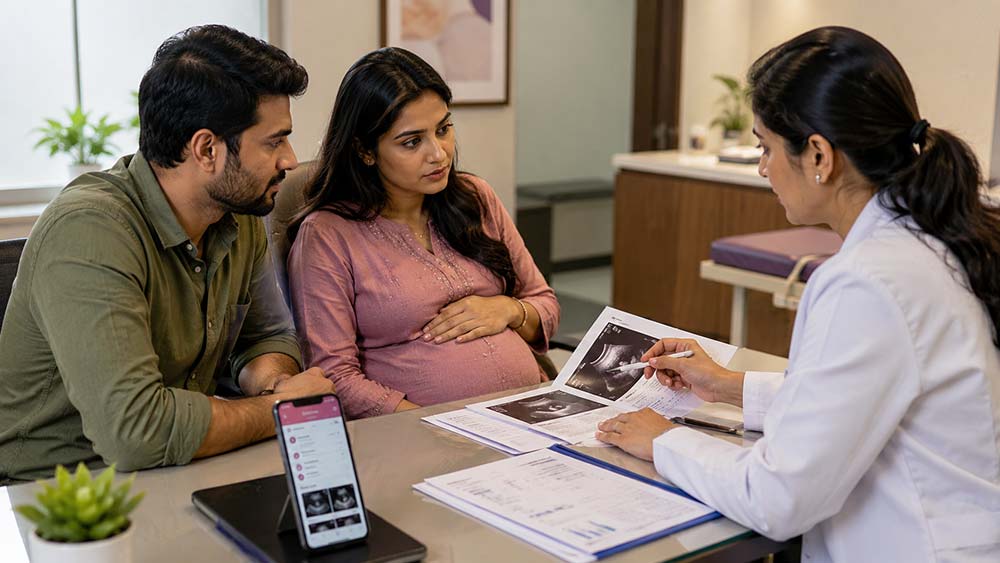 Doctor reviewing scans during high-risk pregnancy consultation with couple