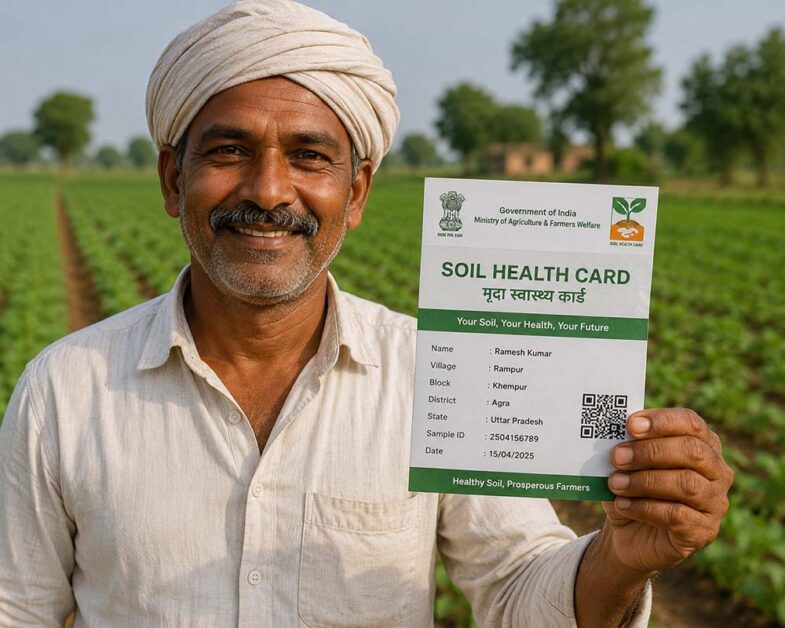 Indian farmer holding a Soil Health Card in his agricultural field.