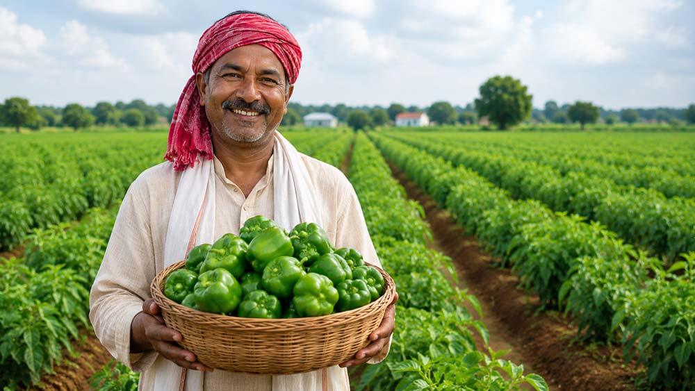 Indian farmer harvesting Shimla Mirch using crop-specific nutrient management practices