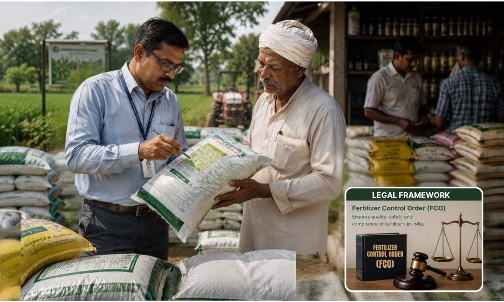 Fertilizer inspector verifying certified fertilizer bags under FCO regulations in India