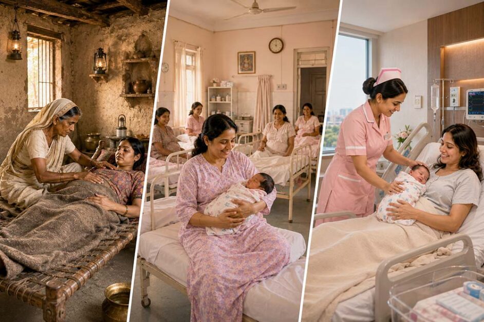 Three generations showing childbirth transition from home to hospital