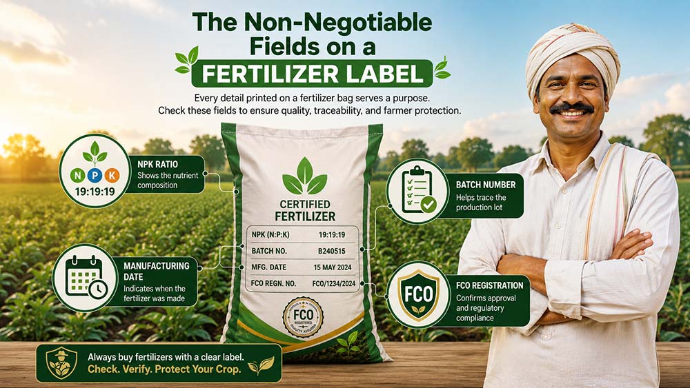 Certified fertilizer label showing NPK ratio batch number and FCO registration