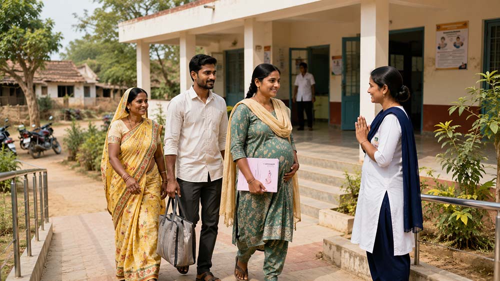 Pregnant rural woman visiting community health centre with family support