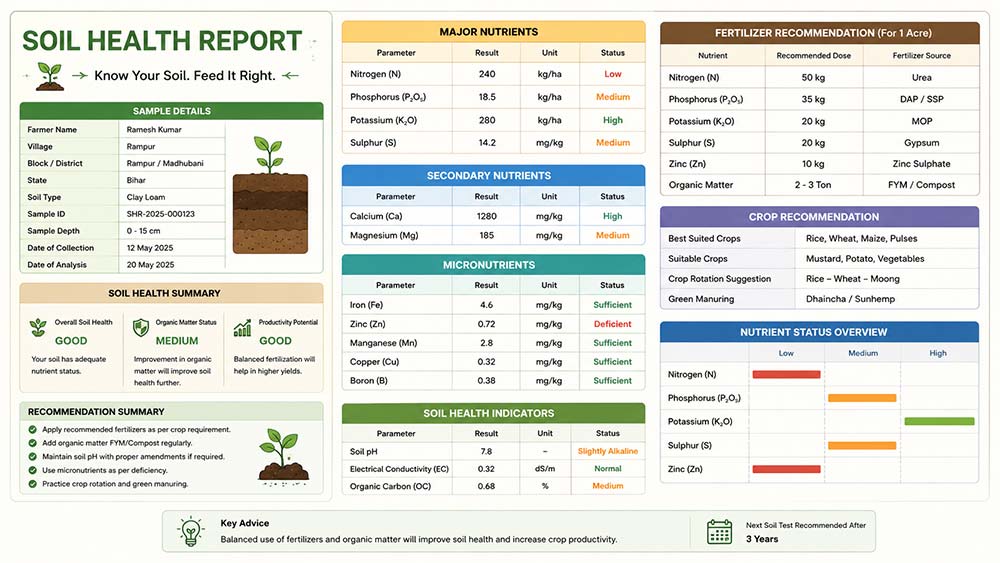 Sample soil health report showing nutrient levels and fertilizer recommendations