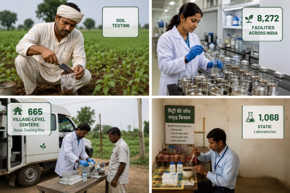 Farmers and technicians working across India's soil testing infrastructure