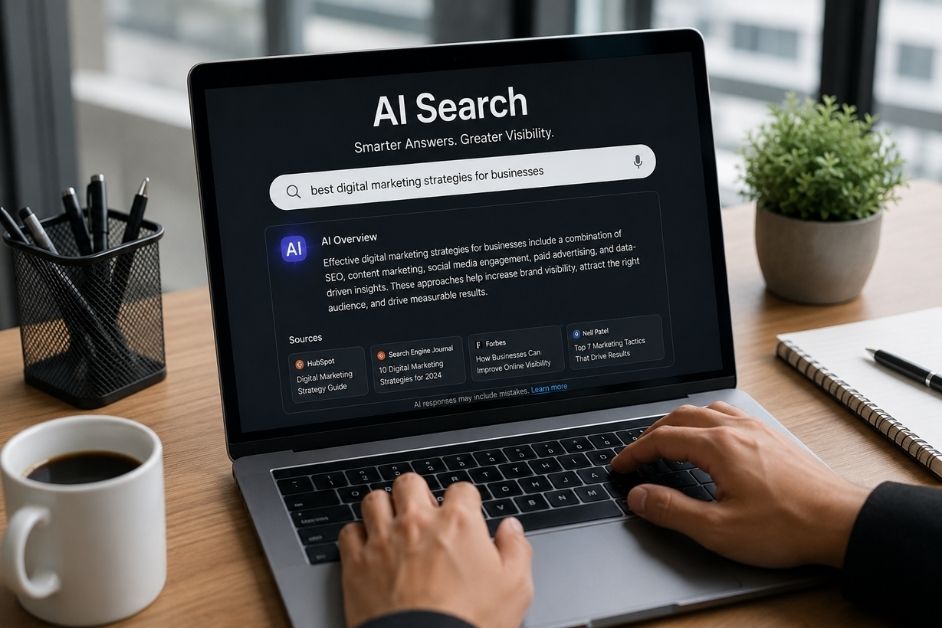 AI search interface displays cited sources for improved brand visibility