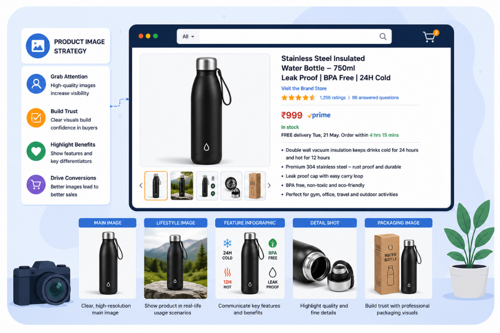 Amazon product listing image strategy highlighting features and benefits