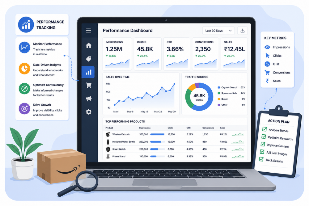 Amazon product listing performance tracking across visibility clicks conversions