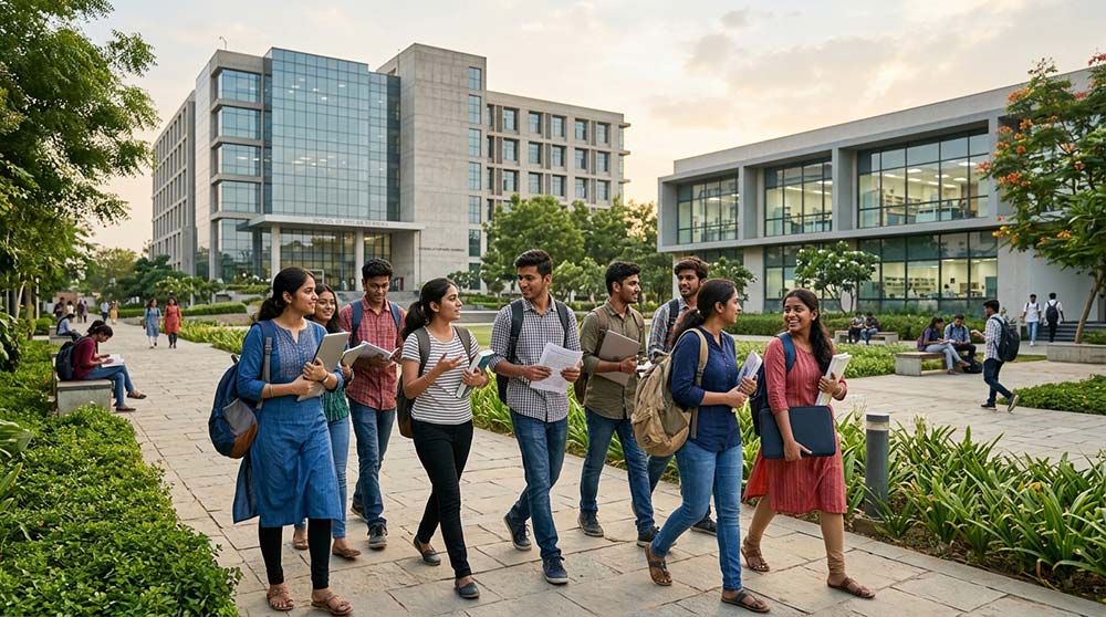 Indian university students walking across campus towards future education opportunities