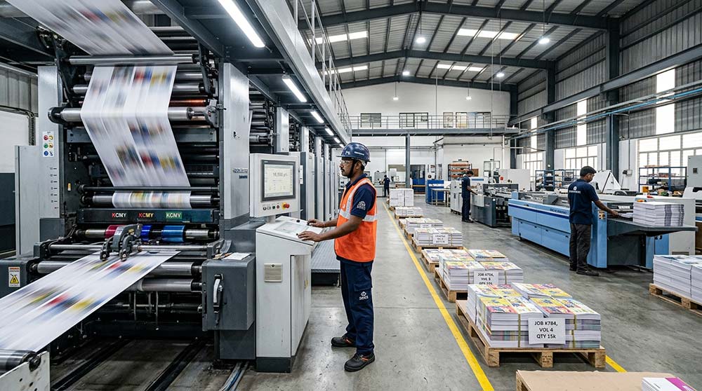 Commercial print production line supporting high-volume inline finishing workflow