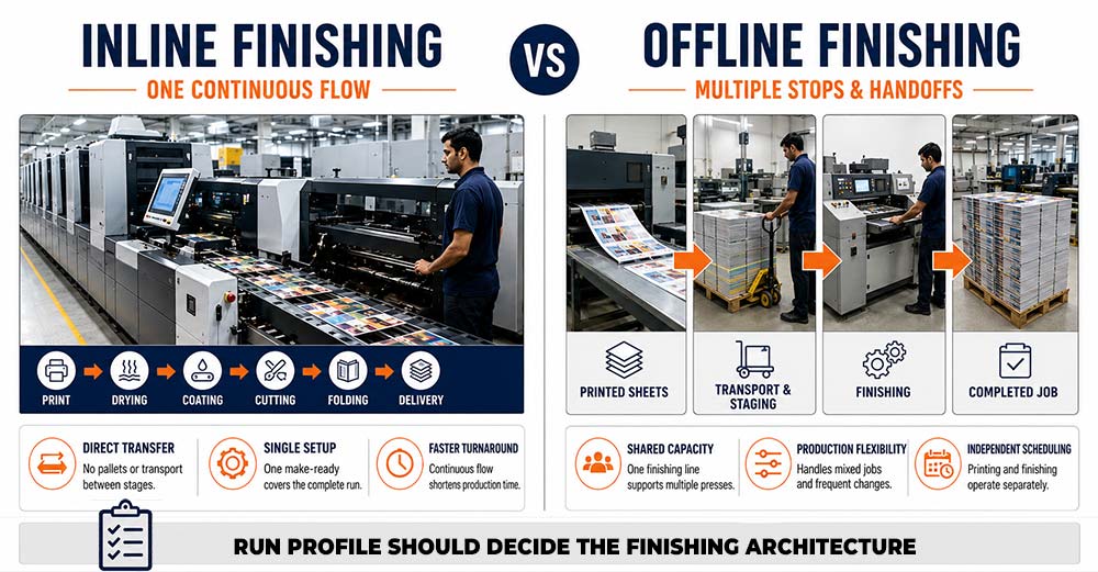 Comparison of inline and offline print finishing production workflows for decision making