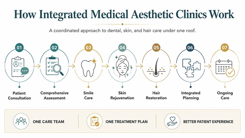 Workflow showing integrated dental skin hair treatment planning process for patients