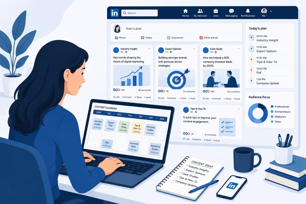 LinkedIn content strategy planning for consistent professional audience engagement.
