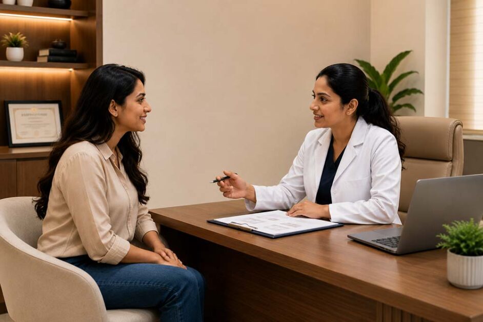 Doctor consulting patient before personalised medical aesthetic treatment planning and evaluation