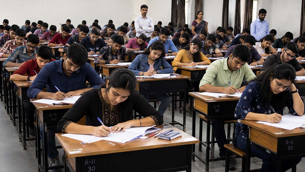 Indian students appearing for NEET examination inside crowded examination hall
