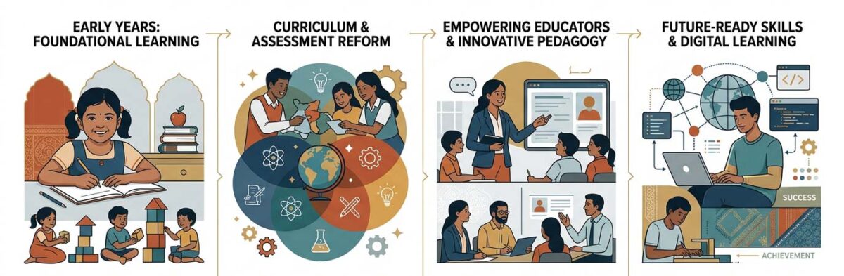 Indian education reform spanning foundational learning, curriculum, educators and digital skills