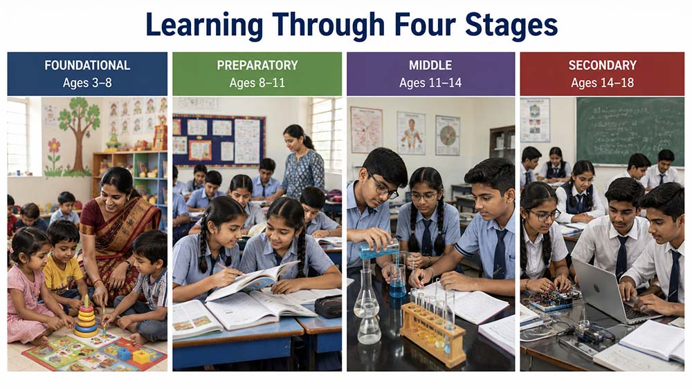NEP 2020 four learning stages from foundational through secondary education