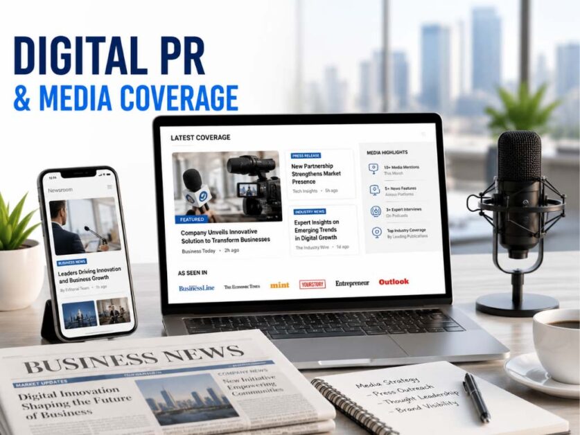 Digital PR and media coverage building brand visibility and authority
