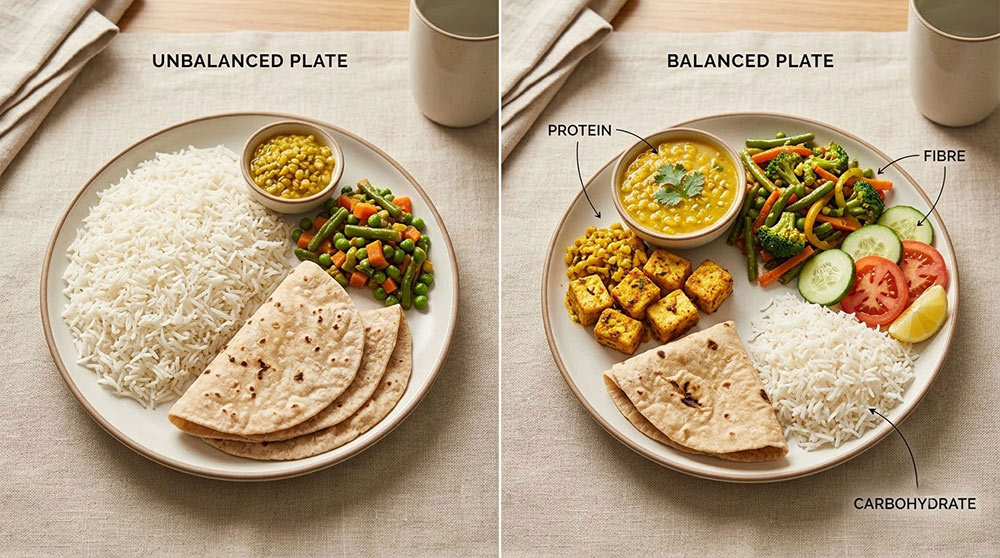 Indian plates contrast unbalanced servings with balanced protein, fibre, carbohydrates.