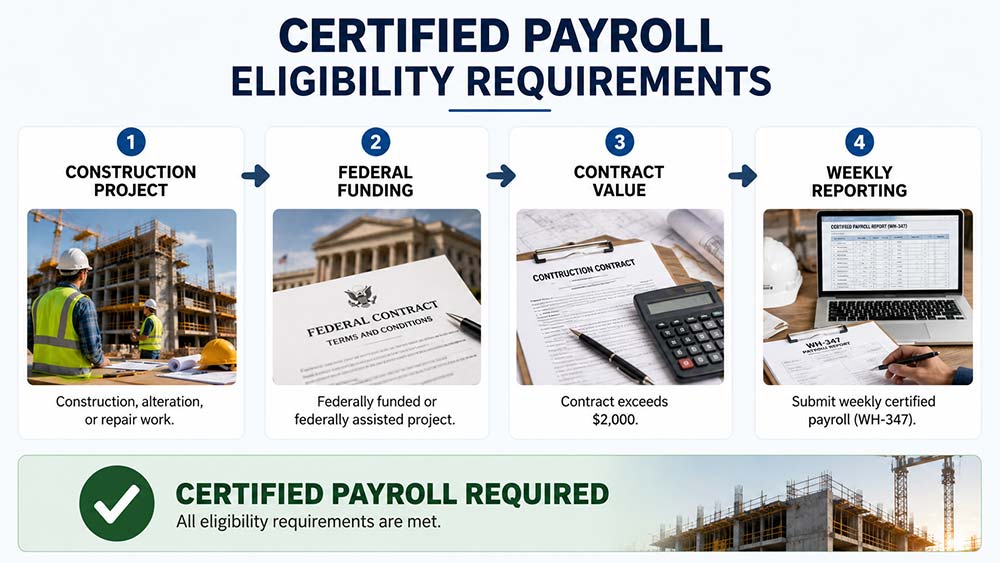 Certified payroll eligibility requirements for federally funded construction projects explained visually