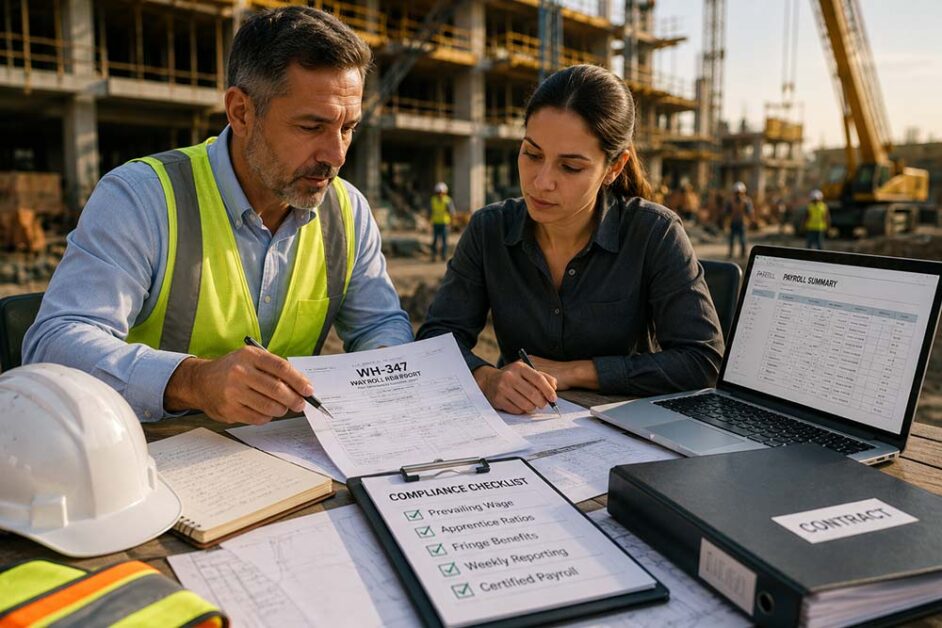 Construction team reviewing certified payroll compliance before government project submission process