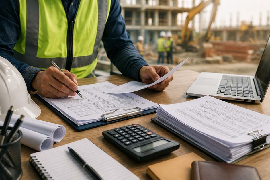 Construction manager reviewing contractor payroll records before processing independent contractor payments accurately