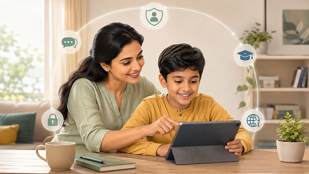 Parent guiding child toward safe and responsible digital technology use