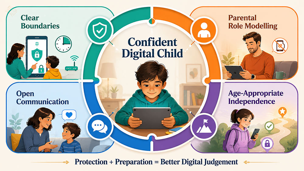 Four digital parenting pillars guiding children toward safer online independence