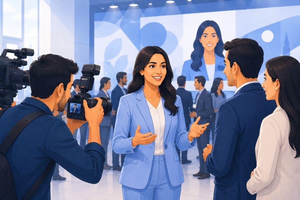 Female founder gaining industry recognition through media attention at a professional business event.