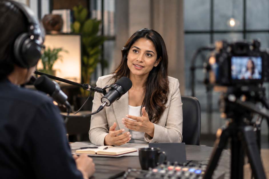 Business leader sharing expert insights during professional podcast media interview